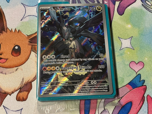 Pokémon trading card on a colorful Pokémon-themed background