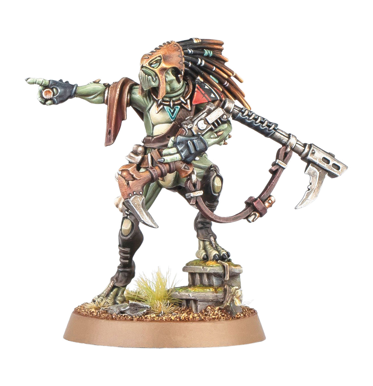 Kroot Trail Shaper miniature kit by Games Workshop; painted model shown for illustration
