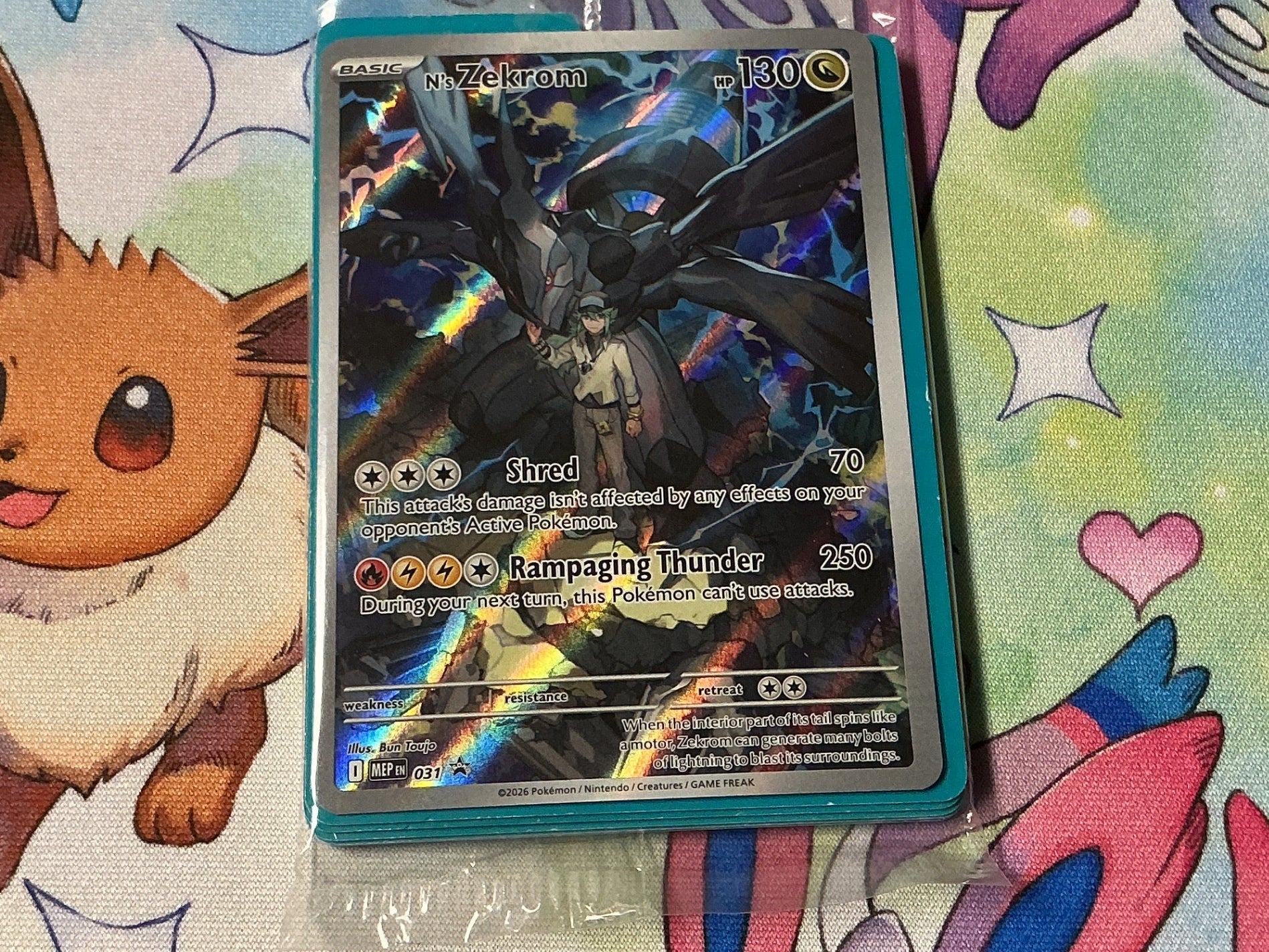 Pokémon trading card on a colorful Pokémon-themed background