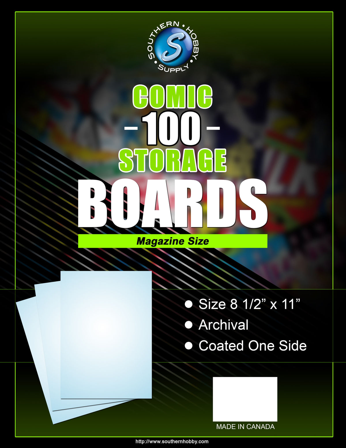 Southern Hobby Magazine Size backing boards packaging showing 100-count, 8½ × 11-inch size and coated-one-side specifications