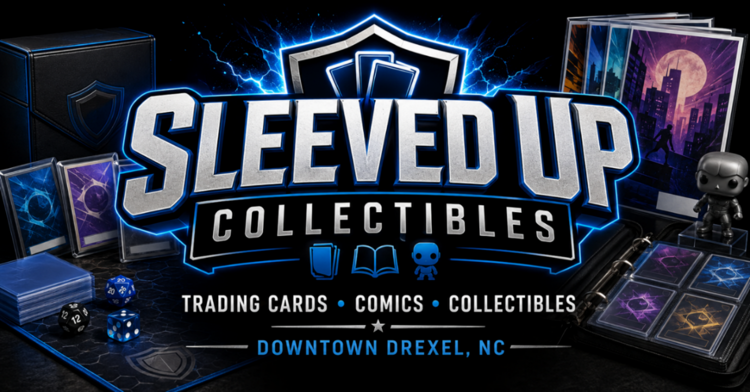 Sleeved Up Collectibles logo with trading cards, comics, and collectibles displayed.