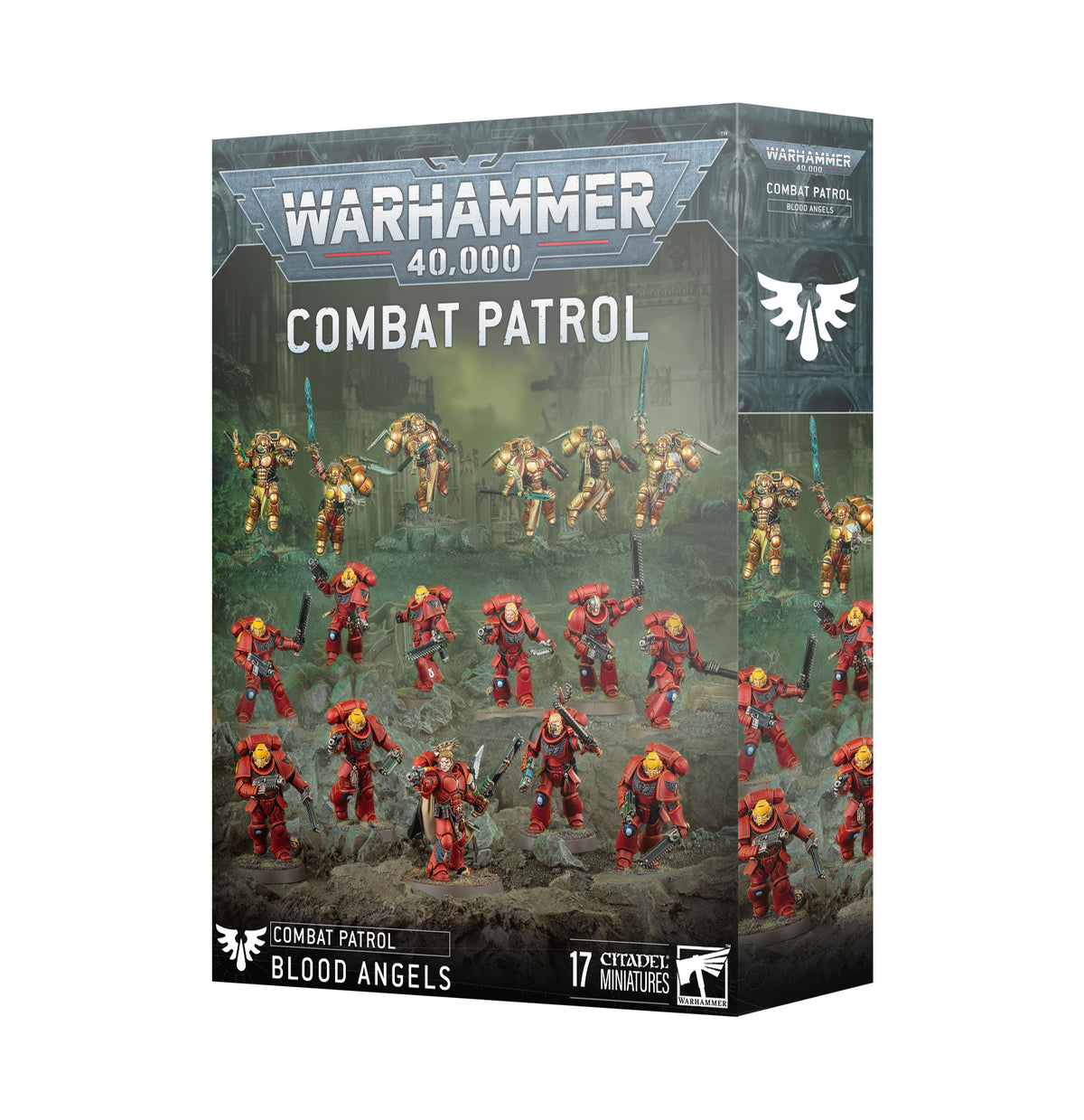 Front of the Blood Angels Combat Patrol box, 17 miniatures