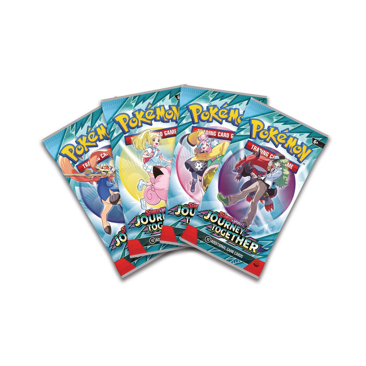 Four Pokémon Journey Together booster pack artwork designs; one randomly selected pack supplied