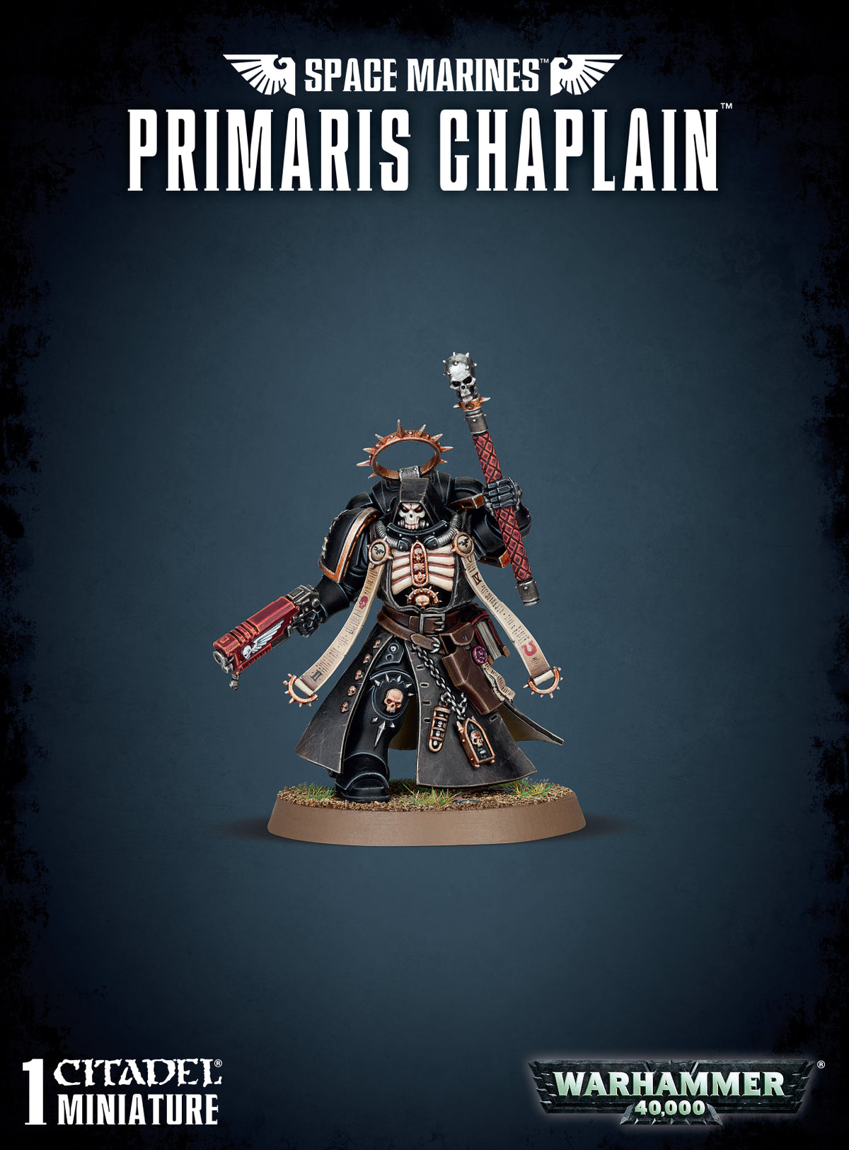 Space Marines: Primaris Chaplain miniature kit by Games Workshop; painted model shown for illustration